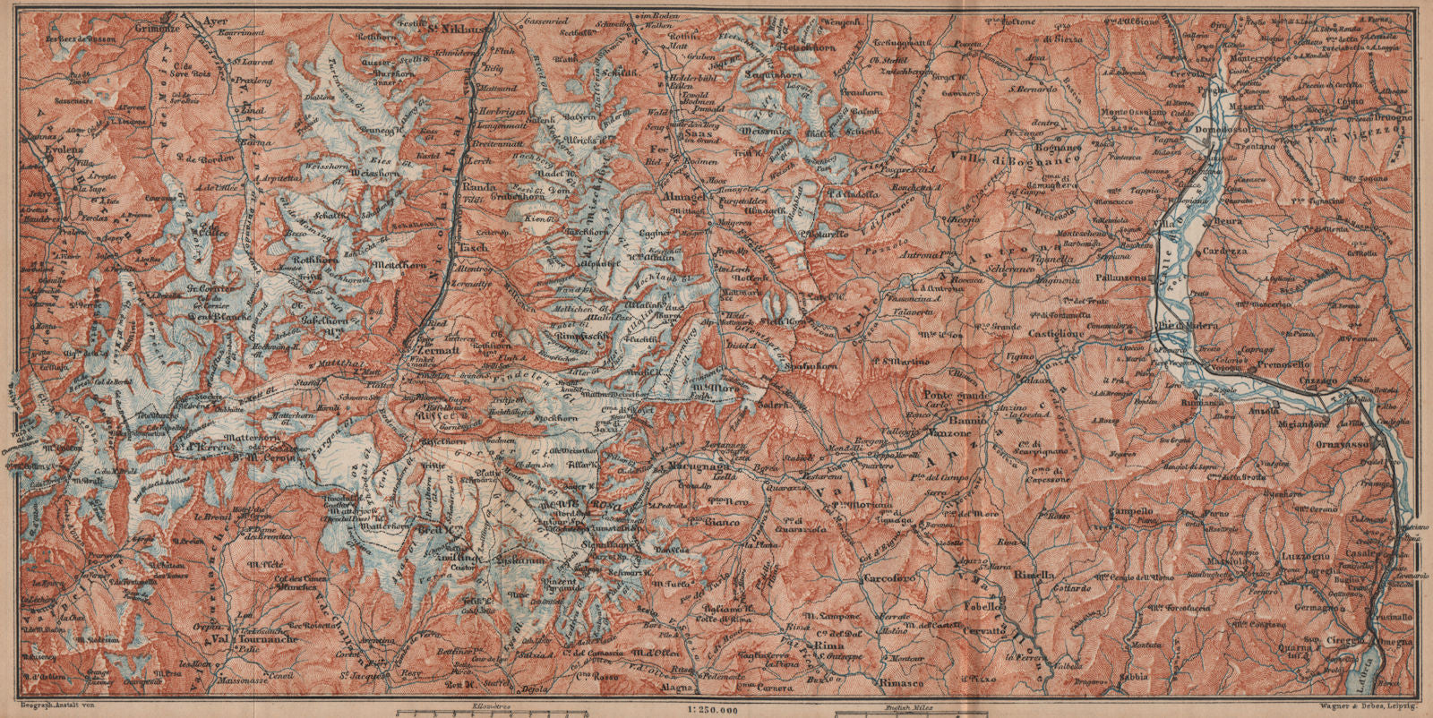 VALAIS ALPS. Zermatt Saas-Fee Monte Rosa Val Tournanche Matterhorn 1893 map